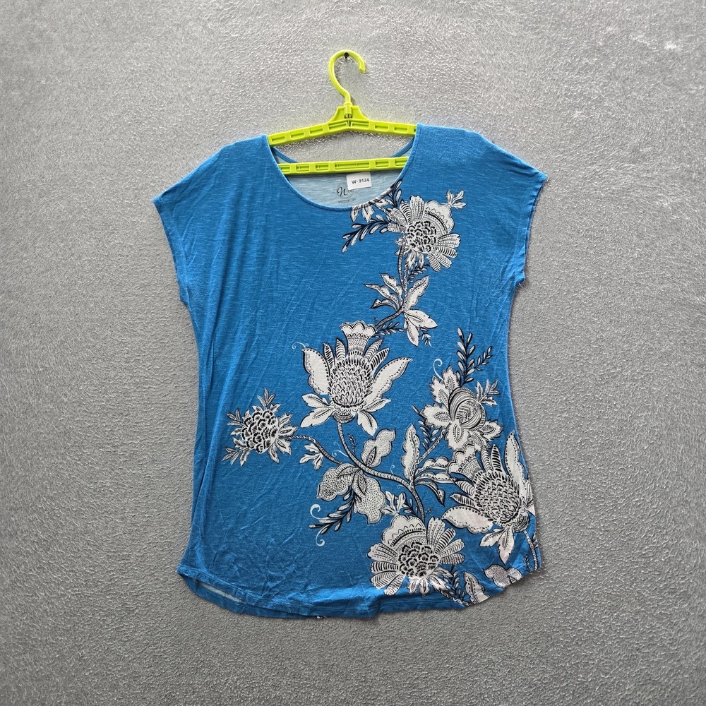 Westport 1962 Women Shirt L Blue Floral Graphic Print Scoop Neck Pullover